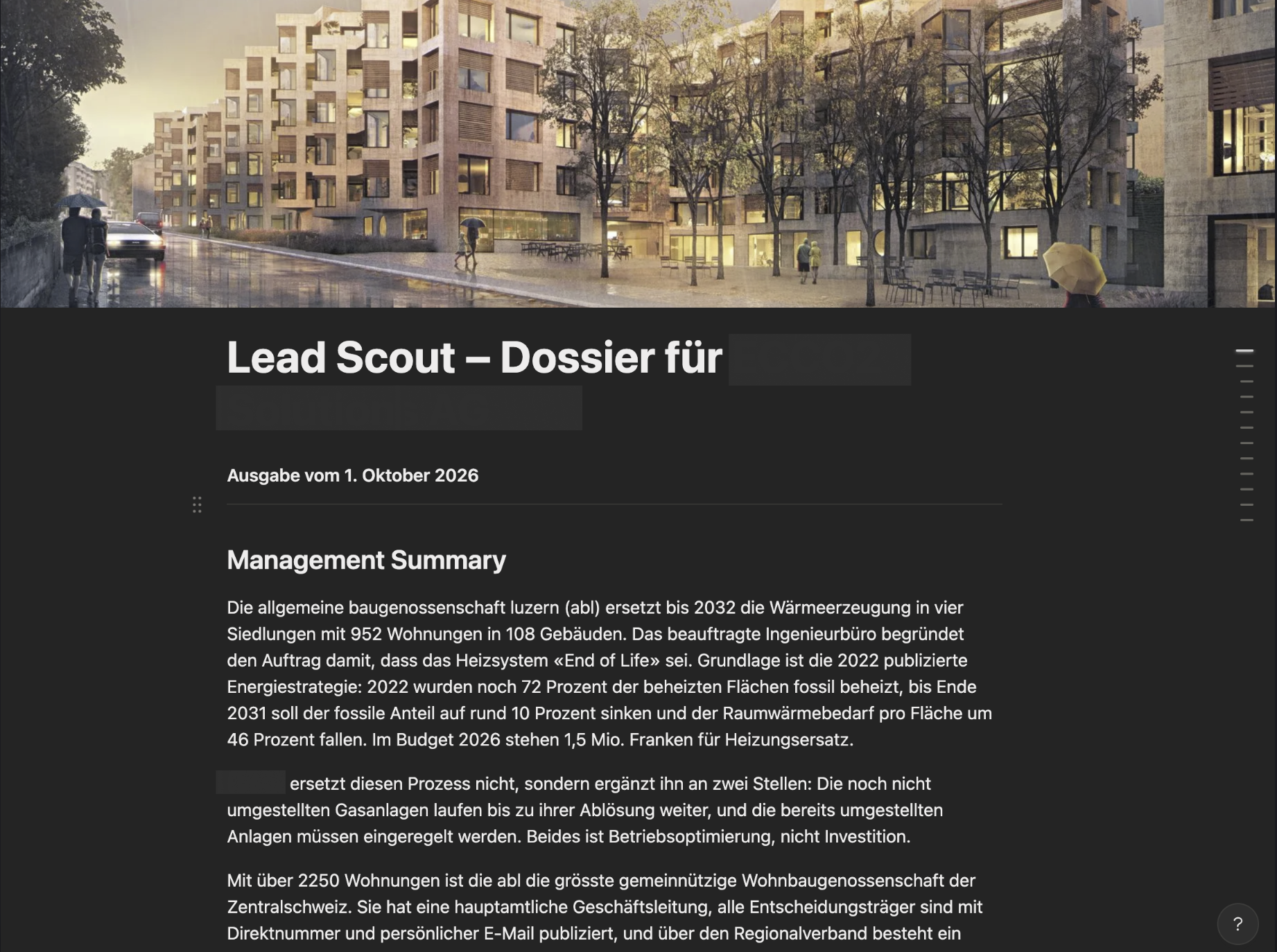 Lead Scout Dossier: Ausgabe mit Management Summary
